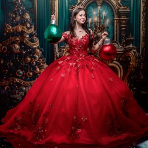Mexico Red Off The Shoulder Ball Gown Quinceanera Dress For Girl Beaded Applique Lace Birthday Party Gowns Prom Dresses Sweet 16