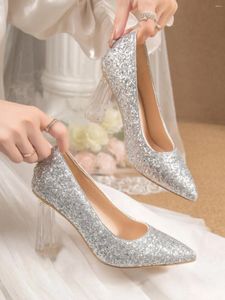 Dress Shoes Bridal Bling Gold Heels Pumps Sandals Ladies Slip On Pointed Wedge 2023 Bride Lace-Up Fashion African Casua