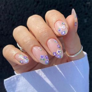 False Nails French Retro Purple Small Floral Fragments Short Oval Fake Detachable Full Cover Press On DIY Manicure