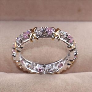 Lady's 925 Sterling Silver Pink Tanzanite Casal Rings Anel de casamento da banda eterna de ouro amarelo para mulheres tamanho 5-1267E