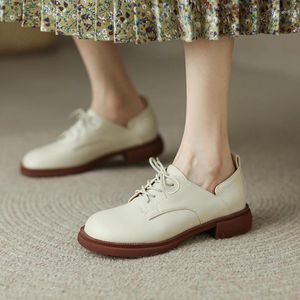 Dress Shoes 2024 Spring Retro British Style Lace Up Women Oxfords Block Low Heels Office Ladies Pumps Beige Black Large Size 43