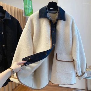 Giacche da donna in denim patchwork giacca in lana di lagno per pelliccia sciolta coreana 2024 primavera autunno overcoppa di lambollo integrato
