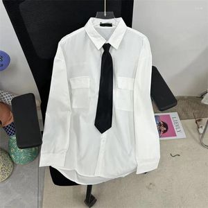 Men's Casual Shirts EBAIHUI White With Tie Set Preppy Uniform DK Loose Short Sleeve Shirt Couple Basic Long Asian Size