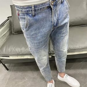 Men's Jeans Washed Blue Slim Fit Small Foot Fashion Youth Denim Pants Retro Buttons Elastic Stretch Skinny Ripped Trousers