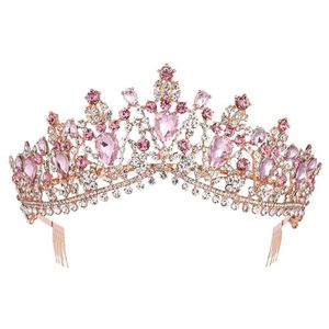 Baroque Rose Gold Pink Crystal Bridal Tiara Crown With Comb Pageant Prom Rhinestone Veil Tiara Headband Wedding Hair Accessories Y217R