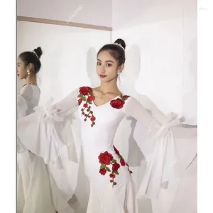 Stage Wear White Ballroom Dance Competition Dress Women Rose Long Sleeves Modern Clothes Practice Adult Waltz