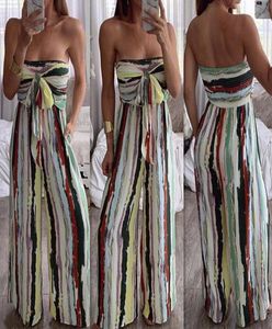 Fashion Women Summer Strapless Jumpsuit Backless Vintage Bandage Romper Striped Jumpsuits Party Wide Leg Long Pants8465159