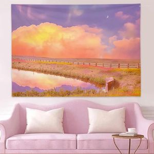 Tapisserier rosa söta romantiska dekorativa tapestry tecknad landskap kawaii rum estetik sovsal heminredning