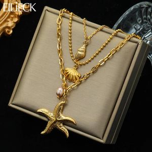 Pendant Necklaces EILIECK 316L Stainless Steel Starfish Conch Shells Pearl Necklace For Women 3in1 Choker Chains Jewelry Lady Gift