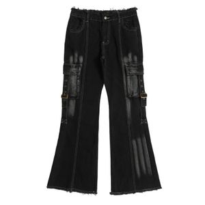 Graffiti Vintage Retro Slim Fit Flared Jeans Men Hip Hop Clothes Multiple Pockets Washed Wide Legs Straight Pants Denim