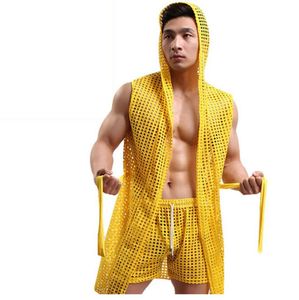 MEN039S NALLEDEM SEXY Robe Mesh Hoodie Sleep Lounge Pyjama Gay Wear Hollow Fashion Perspektive Dressing Kleid Bademantel6351649