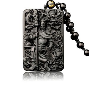 Natural Obsidian Pendant with Beads Chain Dragon Guan Gong Guan Yu Hold Broadsword Knight Pendant Necklace for Men women Jewelry 23102