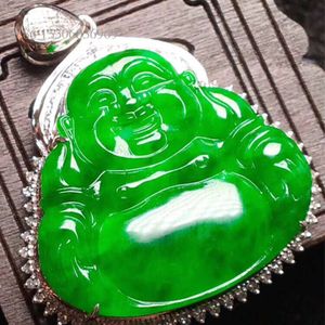 Chińskie Maitreya Buddha Religijne biżuteria Jade Jade Kamień Złota 32,5x30.6x7,3 mm naturalny zielony wisiorek Jadeite Naszyjnik