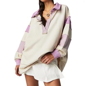 Kvinnors hoodies överdimensionerade sweatshirt lapel v hals långärmad skjorta färgblock randig lapptäcke
