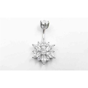 Belly Button Ring Real 925 Sterling Women Flower Zircon Clear Stones Jewelry Pure Silver Body Piercing2484
