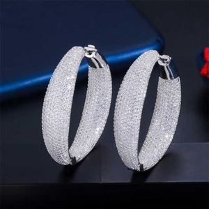 Cwwzircons mikro pave kubische zirkoniale runde große Statement Hoop Ohrringe Silber Farbe Luxus Frauen Hochzeit Brautschmuck CZ809 2112267y