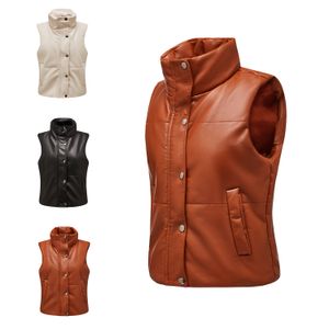 0C407M18 Autumn and Winter Women's Leather Faux Vest Sleeveless Cotton Jacket Fashionable Standing Collar Zipper Coat Solid Color Minimalist