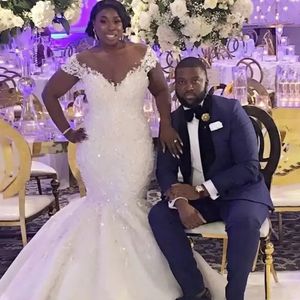 Stunningningbride 2024 AfricaMermaid Wedding Dresses Sheer Neck Short Sleeves Lace Aptique Sweep Train Bestido de Novia Bridal Gowns Plusサイズ