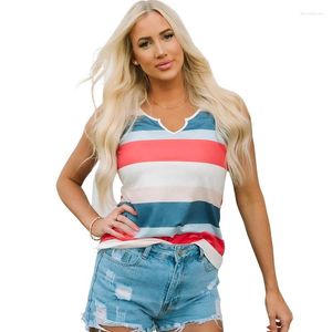 Kvinnors tankar Kvinnor Tank Summer Fashionable V Neck ärmlös randig Slim Lady Top Casual Street Wear Kontrast Färg Kvinnlig t-shirt