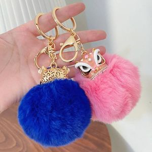 Keychains süße chinesische Löwen Tanzpelz Ball für Frauen Tasche Anhänger Auto Keyring Accessoires Mode Key Chain Girls Ring