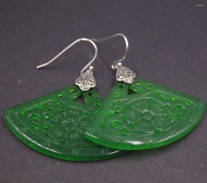 Dangle Earrings Real S925 Sterling Silver For Women Green Jadeite Jade Hollow Pattern Fan-shaped Ethnic Style 1.77inchH