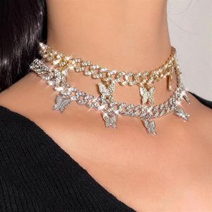 Chains Punk Crystal Butterfly Pendant Choker Necklace Gold Silver Color Miami Cuban Link Rhinestone Hip Hop Party Jewelry Gift275I