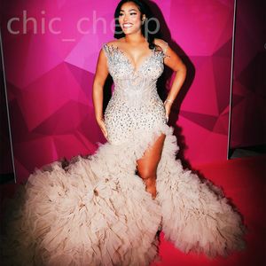 2024 Aso Ebi Champagne Mermaid Prom Dress Beaded Crystals Tiers Evening Formal Party Second Reception Birthday Engagement Gowns Dresses Robe De Soiree ZJ383