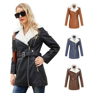 0C448M75/ 462m79 Autumn and Winter Women's Leather Faux Coats Commuting Wind Long Sleeved Plush Lapel Double Zipper Belt Warm Jacket