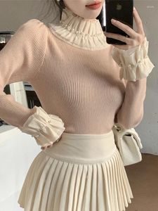 Swatery kobiet wiosna 2024 Vintage Turtleeck Ruffled Ruched Sweater Women Pearl Beading Slim Sweet Pullover Tops Long Rleeve 312902