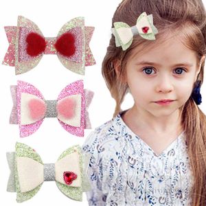 3-Zoll-Doppelschicht-Pailletten Bögen Kinder Haare Clip Valentinstag Mädchen Plüsch Liebe Herz Bogen Haarnadeln Kopfbedeckung Kinder Prinzessin Accessoires Z6263