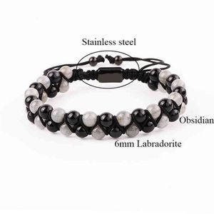 Fashion Gemstone Armband Natural 6mm Labradorite Black Agate Pärlor Handgjorda sladdflätade makramarmband Män kvinnor219f