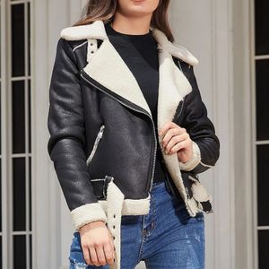 Varm mocka lammjacka vinterkvinnor tjocka korta motorcykelrockar faux shearling läderjackor zip cool outwear kvinnors kappa 231222