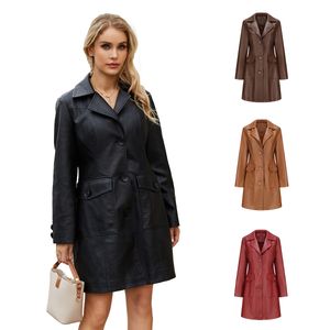 0c 416m39 Pallas European und American Long Damen Leder Kunstkleidung Langarmed Windbreaker Mode British Coat Flip Kragen Single Breasted