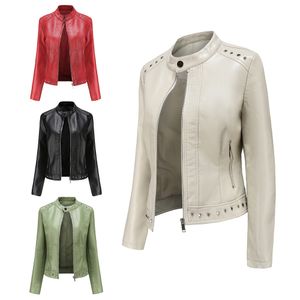 0C407M12 Fashion Women's Leather Faux Coats Pochette Rivet Decorative Zipper Stand Up Collar Jacket Wholesale and Customization