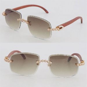 Дизайнер Moissanite Diamond Set Rimless Sunglasses Design Original Wood Men Gcases Овальные формы лица резные линзы Большие камни 294G