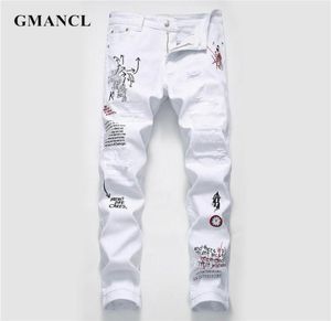 Nya män streetwear personlighet rippade tryckta vita mager jeans hip hop punk casual motorcykel stretch denim jeans byxor cx2009479277