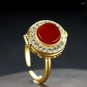 Küme halkaları açılabilir doğal kırmızı yeşim yüzüğü 24K altın kaplama saf bakır içi boş desen depolama ayarlanabilir kadınlar ince mücevher