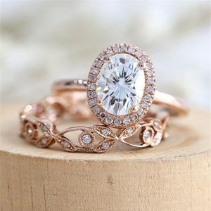 18K Rose Gold Filled Antique Design White Sapphire and Diamond Bridal Wedding Ring Set US Size 5-12291S