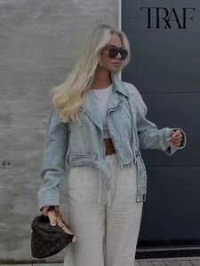 Nlzgmsj traf mulheres 2023 outono jeans de jeans de lapela de lapela longa jaquetas curtas Lady chic streetwear jaqueta 231222