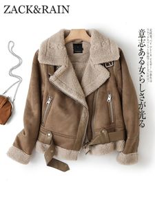 Zack Rain Brown Jacket for Women 2023 Winter Vintage Pur integrado lapela de mangas compridas jaquetas femininas