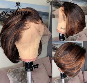 Highlight Wig Ombre Brown Colored Brazilian Human Hair Short Bob Straight Synthetic lace Frontal Wigs For Black Women9707421