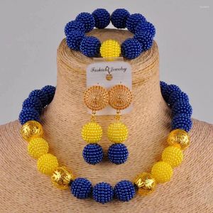 Halsbandörhängen Set Royal Blue Yellow Costume African Beads Jewelry for Women