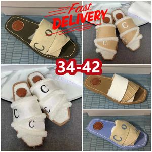 Sandles Designer Slides Womens Lady Woody Sandals Fluffy Flat Mule Slide Beige White Pink Lace Lettering Canvas Fuzzy Fur Slippers Summer Home Shoes