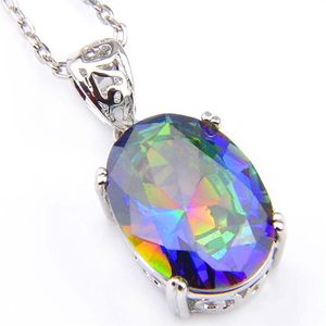 Luckyshine 6pcs Regalo per festività Oval Rainbow Blu Mistico Topaz Gemstone 925S collane d'argento CZ Pendenti gioielli unisex334r