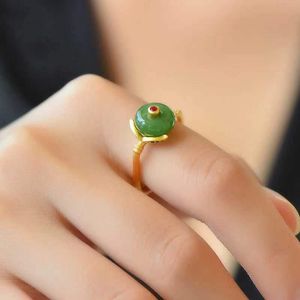 Ancient gold craft Natural Hetian jade vintage charm unique square 14k Yellow Gold design rings for women adjustable stylish fresh party jewelry