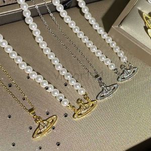 Versa Saturn Pearl Pendant Gold Plated Micro Inlaid with Diamond Earth Planet Yk Western Empress Dowager Necklace Female NDP8