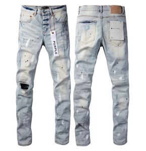 2024 Purple marka fioletowe dżinsy męskie dżinsy High Street Blue Broken Hole Denim Denim Spodnie Zwykłe Slim Fit Mrane spodnie