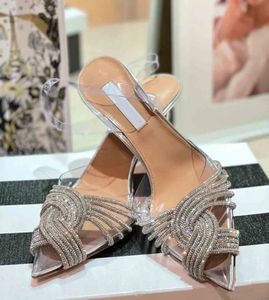 Aquazzura lady klänning skor kvinnor bröllop sandal hög klackar slingback sko pärlstiletto klack strass tå