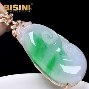 Glittering Crystal-Clear Natural Icy Green Jadeite Rose Gold With Diamond Ice Floating Colored Jade Ruyi Pendant Charms