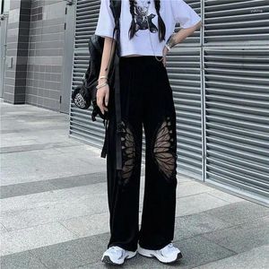 Women's Pants Butterfly Hollow Embroidery Out Pattern Black Hip Hop Vintage Women Streetwear Summer Loose Sport Fashion Casual Trousers